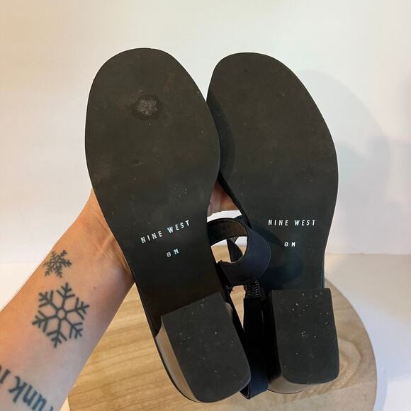 90s Vintage Nine West Dark Blue Chunky Stacked Heel Strapped Heels Size 8 - Picture 7 of 14